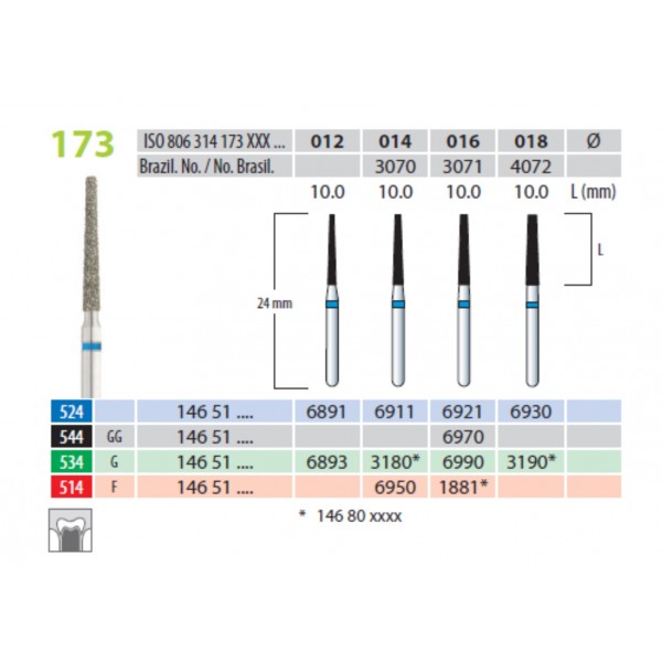 Freze diamantate, cilindro-conice, cap drept, 10 mm, forma 173